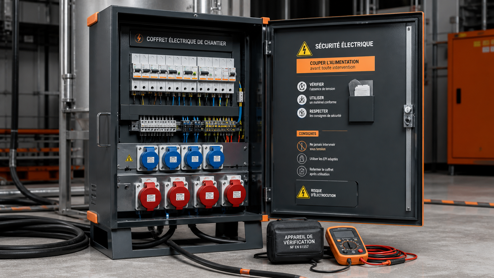 Coffret électrique de chantier ouvert avec consignes