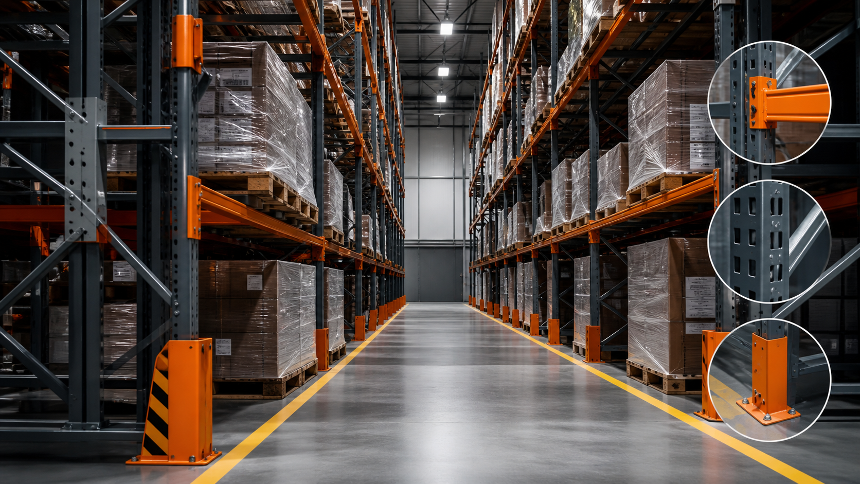 Allée d'entrepôt avec racks de stockage industriels