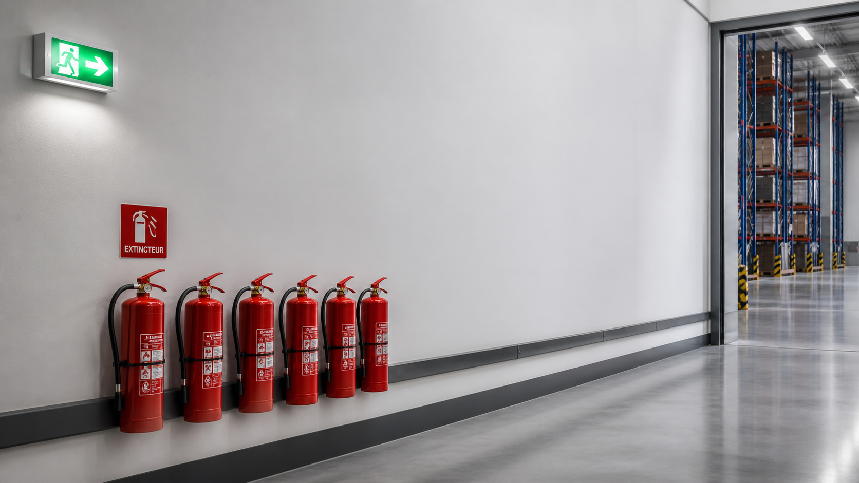 Couloir avec extincteurs alignés et signalisation de secours